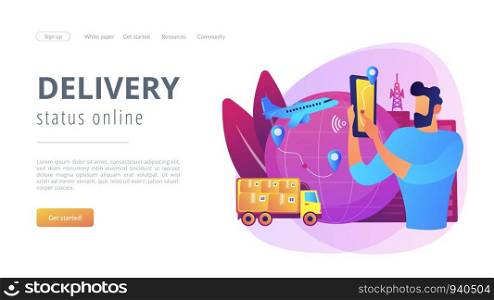 Man check Internet store shipment. Goods worldwide shipping. Smart delivery tracking, track your orders, delivery status online concept. Website homepage landing web page template.. Smart delivery tracking concept landing page.