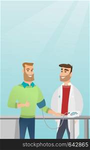 Man checking blood pressure with a blood pressure meter. Man giving thumb up while medical examination. Doctor measuring blood pressure of a man. Vector flat design illustration. Vertical layout.. Blood pressure measurement vector illustration.