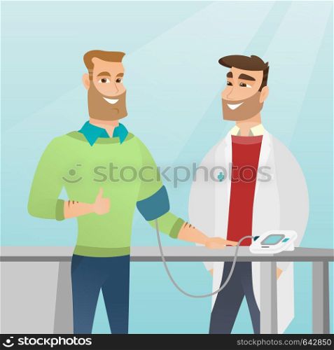 Man checking blood pressure with a digital blood pressure meter. Man giving thumb up while medical examination. Doctor measuring blood pressure of a man. Vector flat design illustration. Square layout. Blood pressure measurement vector illustration.