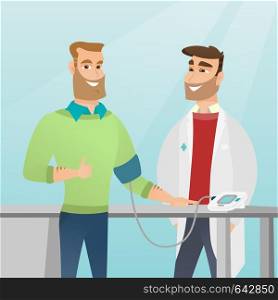 Man checking blood pressure with a digital blood pressure meter. Man giving thumb up while medical examination. Doctor measuring blood pressure of a man. Vector flat design illustration. Square layout. Blood pressure measurement vector illustration.