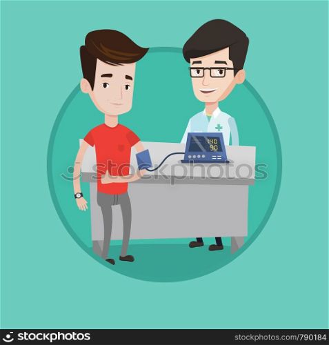 Man checking blood pressure with digital blood pressure meter and giving thumb up. Doctor measuring blood pressure of patient. Vector flat design illustration in the circle isolated on background.. Blood pressure measurement vector illustration.