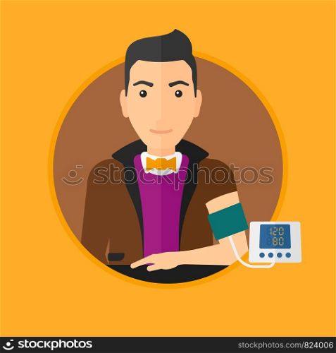 Man checking his blood pressure with digital blood pressure meter. Man taking care of his health and measuring blood pressure. Vector flat design illustration in the circle isolated on background.. Blood pressure measurement.