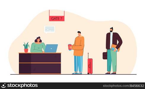 Man checking in for flight vector illustration. People standing in gate registration desk in airport. Male character waiting in line. Travelling concept for banner, website design or landing web page