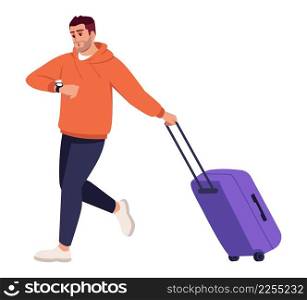 Man checking time and waiting for boarding semi flat RGB color vector illustration. Airport terminal visit. Walking man with travel bag isolated cartoon character on white background. Man checking time and waiting for boarding semi flat color vector illustration