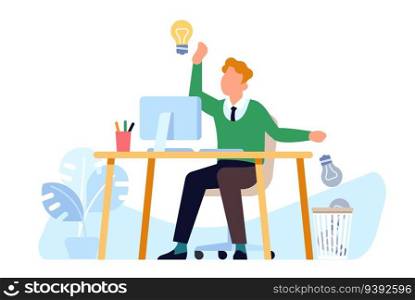 Man checks ideas and throws unneeded solutions into trash garbage can. Businessman finding creative lightbuld. Search innovation. Success startup. Guy choosing decisions. Office table. Vector concept. Man checks ideas and throws unneeded solutions into trash garbage can. Businessman finding creative lightbuld. Search innovation. Guy choosing decisions. Office table. Vector concept