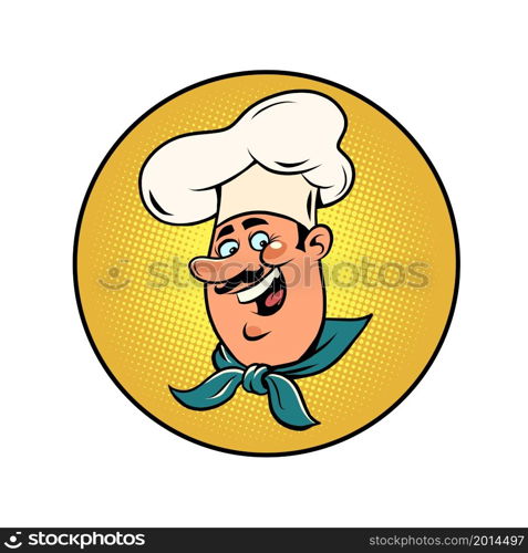 Man chef in a white cap. Smiling face. Professional in uniform. Comic cartoon vintage 50s 60s style hand drawing. Man chef in a white cap. Smiling face. Professional in uniform