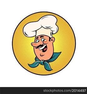 Man chef in a white cap. Smiling face. Professional in uniform. Comic cartoon vintage 50s 60s style hand drawing. Man chef in a white cap. Smiling face. Professional in uniform