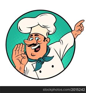 Man chef in a white cap. Smiling face. Professional points a finger. Isolate on a white background Comic cartoon vintage 50s 60s style hand drawing. Man chef in a white cap. Smiling face. Professional points a finger Isolate on a white background