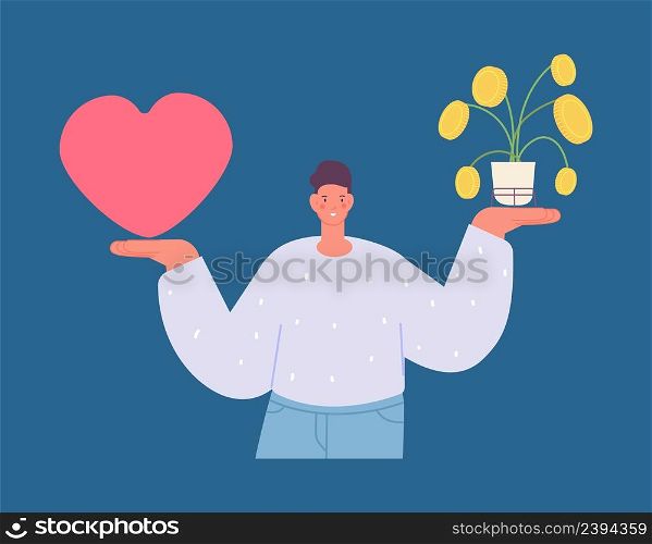 Man choose between love and money. Family or work, life balance metaphor. Young male character with coin tree and heart, vector illustration. Love or money concept choice. Man choose between love and money. Family or work, life balance metaphor. Young male character with coin tree and heart, vector illustration