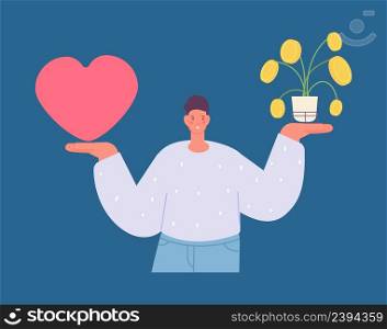 Man choose between love and money. Family or work, life balance metaphor. Young male character with coin tree and heart, vector illustration. Love or money concept choice. Man choose between love and money. Family or work, life balance metaphor. Young male character with coin tree and heart, vector illustration