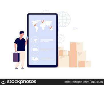 Man choose delivery. Online shipping service, different cargo transportation with plane, truck or ship. Boy tracking parcel with mobile vector illustration. Shipping delivery service, online order. Man choose delivery. Online shipping service, different cargo transportation with plane, truck or ship. Flat boy tracking parcel with mobile vector illustration