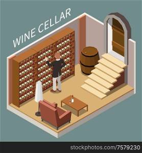 Man choosing bottle of wine in cellar isometric composition 3d vector illustration