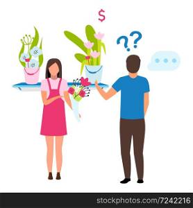 Man choosing bouquet flat vector illustration. Female florist in apron helping customer in flower shop cartoon character. Indecisive boy buying flowers, confused consumer in floristics store