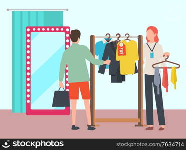 Man choosing clothes in fashion boutique. Male customer and female shop assistant holding hanger with colorful ties. Department store, mall. Vector illustration in flat cartoon style. Man Choosing Clothes in Fashion Boutique Vector
