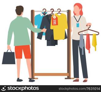 Man choosing clothes, seller holding rack with colorful ties. Sale old collection, t-shirt and suit on hanger, promotion symbol, fashion store. Season sale. Vector illustration in flat cartoon style. Sale Old Collection, Clothes on Hanger Vector