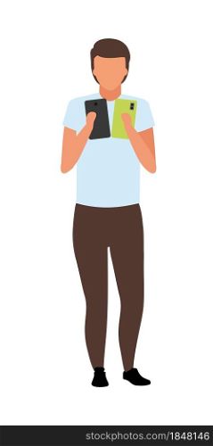 Man choosing new smartphone semi flat color vector character. Full body person on white. Visit to electronics store isolated modern cartoon style illustration for graphic design and animation. Man choosing new smartphone semi flat color vector character
