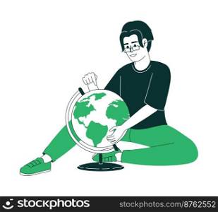 Man choosing place on globe flat color linear vector character. Editable figure. Full body person on white. Cartoon style thin line illustration for web graphic design and animation. Man choosing place on globe flat color linear vector character