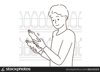 Man choosing product in supermarket. Smiling male customer compare bottles buying household items in shop. Consumerism. Vector illustration. . Man choosing product in supermarket 