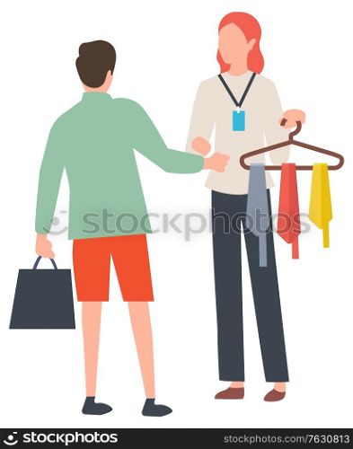 Man choosing tie, seller holding hanger with collection of colorful neckcloth. Male buying clothes, sale or discount promotion, person shopping. Vector illustration in flat cartoon style. Sale of Tie, Man Buying Neckcloth, Shopping Vector