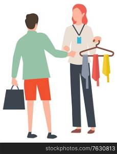 Man choosing tie, seller holding hanger with collection of colorful neckcloth. Male buying clothes, sale or discount promotion, person shopping. Vector illustration in flat cartoon style. Sale of Tie, Man Buying Neckcloth, Shopping Vector
