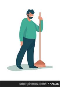Man cleaning garbage. Cartoon male standing with broom. Isolated happy volunteer sweeping trash. Young character holding broomstick and brush. Cute cleaner worker helping to wash house. Vector janitor. Man cleaning garbage. Cartoon male standing with broom. Happy volunteer sweeping trash. Young character holding broomstick and brush. Cleaner worker helping to wash house. Vector janitor