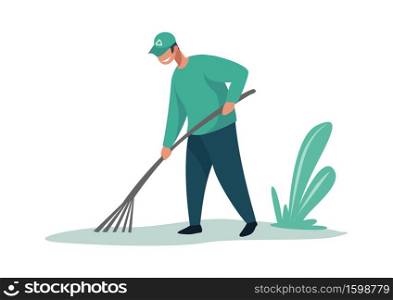 Man cleaning garbage. Cartoon male with rake. Smile activist in uniform working outdoors. Debris removal. Volunteer collecting rubbish in field. Pollution or environmental problem, vector illustration. Man cleaning garbage. Male with rake. Activist in uniform working outdoors. Debris removal. Volunteer collecting rubbish in field. Pollution or environmental problems, vector illustration