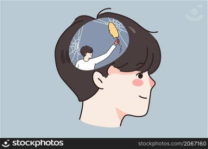 Man cleaning in head take away spider web. Concept of psychotherapy and counseling. Psychologist or psychotherapist help person with depression or mental disorder. Flat vector illustration. . Man cleaning in person head or brain