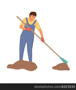 Man cleaning in house. Home work for hygiene. Smiling person holding broom and sweeping garbage. Husband in housework. Young male work in housekeeping. Cartoon illustration. Vector.