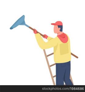 Man cleaning snow semi flat color vector character. Dynamic figure. Full body person on white. Winter season isolated modern cartoon style illustration for graphic design and animation. Man cleaning snow semi flat color vector character