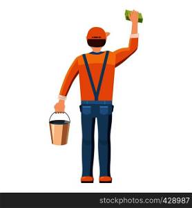 Man cleaning with bucket and sponge back view icon. Cartoon illustration of man cleaning with bucket and sponge back view vector icon for web. Man cleaning with bucket and sponge back view icon