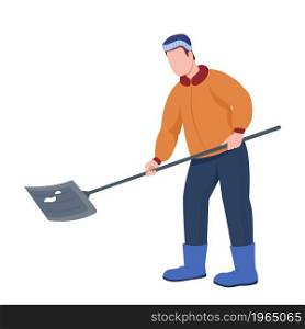 Man clearing snow semi flat color vector character. Posing figure. Full body person on white. Winter season isolated modern cartoon style illustration for graphic design and animation. Man clearing snow semi flat color vector character