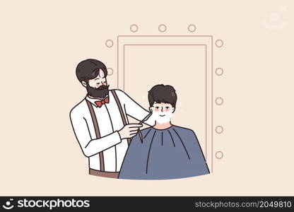 Man client get shaved in salon by hipster barber specialist. Smiling Caucasian guy have beard trimmed in barbershop or saloon. Male beauty procedures and hair care. Flat vector illustration.. Man get beard shaved in barber saloon