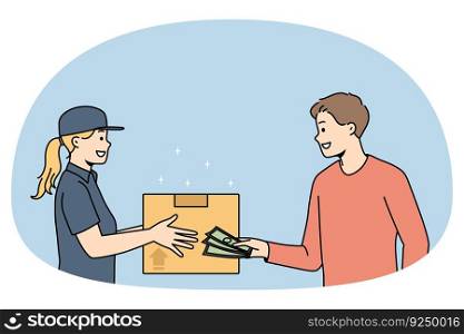 Man client pay cash to female courier delivering package by post. Male customer receive postal parcel order online from postman. Express delivery and shipping concept. Vector illustration.. Man client pay cash for package delivery