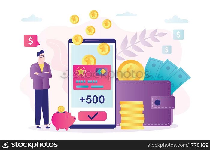Man client received new bonuses on virtual card. Loyalty program, cashback and earn points. Reward program, bonus card and male character in trendy style. Wallet full of money.Flat vector illustration. Man client received new bonuses on virtual card. Loyalty program, cashback and earn points. Reward program, bonus card and male character