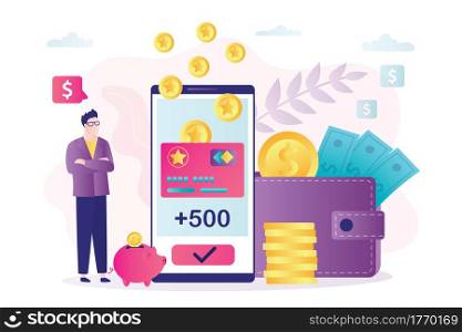 Man client received new bonuses on virtual card. Loyalty program, cashback and earn points. Reward program, bonus card and male character in trendy style. Wallet full of money.Flat vector illustration. Man client received new bonuses on virtual card. Loyalty program, cashback and earn points. Reward program, bonus card and male character