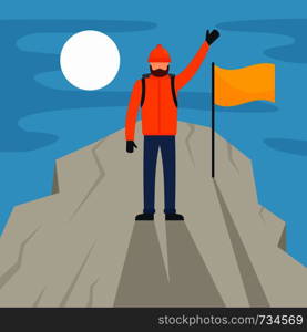 Man climb the mountain peak background. Flat illustration of man climb the mountain peak vector background for web design. Man climb the mountain peak background, flat style