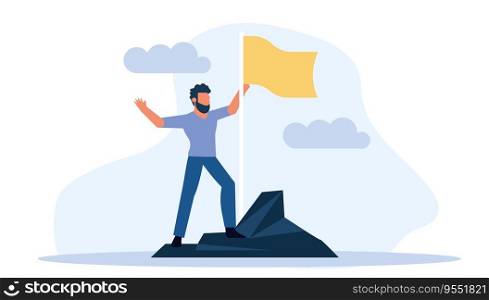 Man climbed to the top mountain with flag flat illustration achievement concept. Business goal leadership career winner. Climb growth employee motivation vision. Up hill direction challenge peak