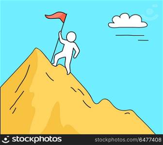 Man Climbing High Mountain on Vector Illustration. Silhouette of man climbing alone on high mountain, holding a pole with red ribbon on top of it on vector illustration isolated on blue