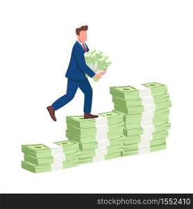 Man climbing money stairs flat concept vector illustration. Successful businessman walking up on cash holding stacks of money 2D cartoon character for web design. Financial success creative idea. Man climbing money stairs flat concept vector illustration