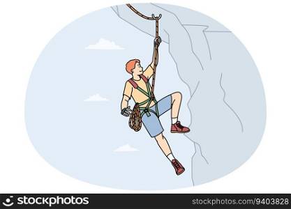 Man climbing mountain with special equipment. Male climber hanging on cliff. Mountaineer and extreme sport concept. Vector illustration.. Man climbing mountain with special equipment