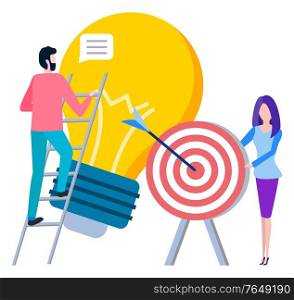 Man climbing on ladder at lamp, new idea symbol. Vector cartoon style woman with arrow in target, achievement of goals concept, business cartoon people. Man climbing on Ladder at Lamp, New Idea Symbol
