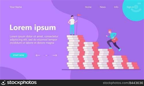 Man climbing on money bar chart. His colleague standing on top with flag flat vector illustration. Finance, success, leader concept for banner, website design or landing web page