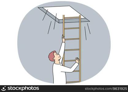 Man climbing up ladder to light. Smiling motivated male go up open new opportunities or perspectives. Bright future ahead. Vector illustration.. Man climbing up ladder to light
