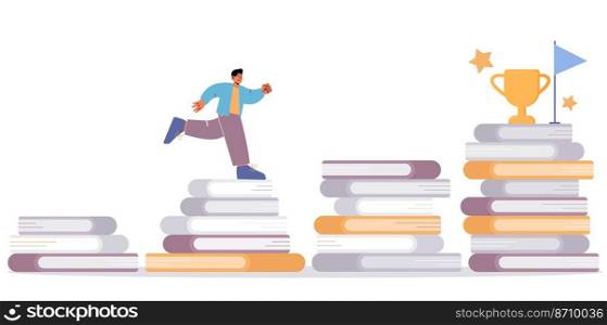 Man climbing up the book stairs with trophy cup and flag on top. Education knowledge and learning via reading. Character studying, self development and goal achievement Linear flat vector illustration. Man climbing up the book stairs with trophy cup