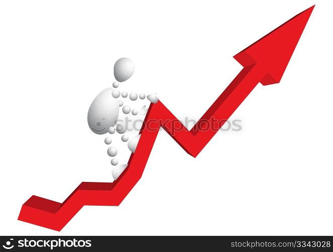 Man climbs a mountain as red arrow-diagram. Abstract 3d-human series from balls. Variant of white isolated on white background. A fully editable vector illustration for your design.