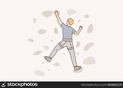Man climbs on a climbing wall in a climbing gym isolated. Man climbing bouldering problem. Vector illustration.. Man climbs on a climbing wall in a climbing gym isolated