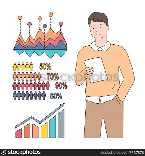 Man closeup view and colorful chart, rising arrow, percents report of people. Worker character holding paper, document and presentation, statistic vector. People Statistic with Percent, Rising Chart Vector