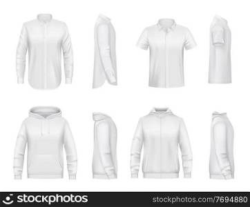 Man clothing, white shirt with long and short sleeves, hoodie realistic vector mockup. Hooded sweatshirt with zipper and pockets, classic cotton or linen shirt. Men casual wear, apparel mock-up. Man clothing, white shirt and hoodie vector mockup