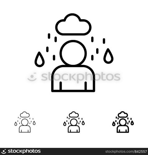 Man, Cloud, Rainy Bold and thin black line icon set