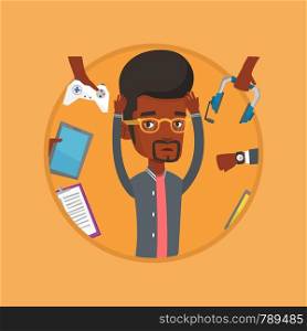 Man clutching his head and many hands with gadgets around him. Man in despair surrounded with gadgets. Man using many gadgets. Vector flat design illustration in the circle isolated on background.. Young man surrounded with his gadgets.